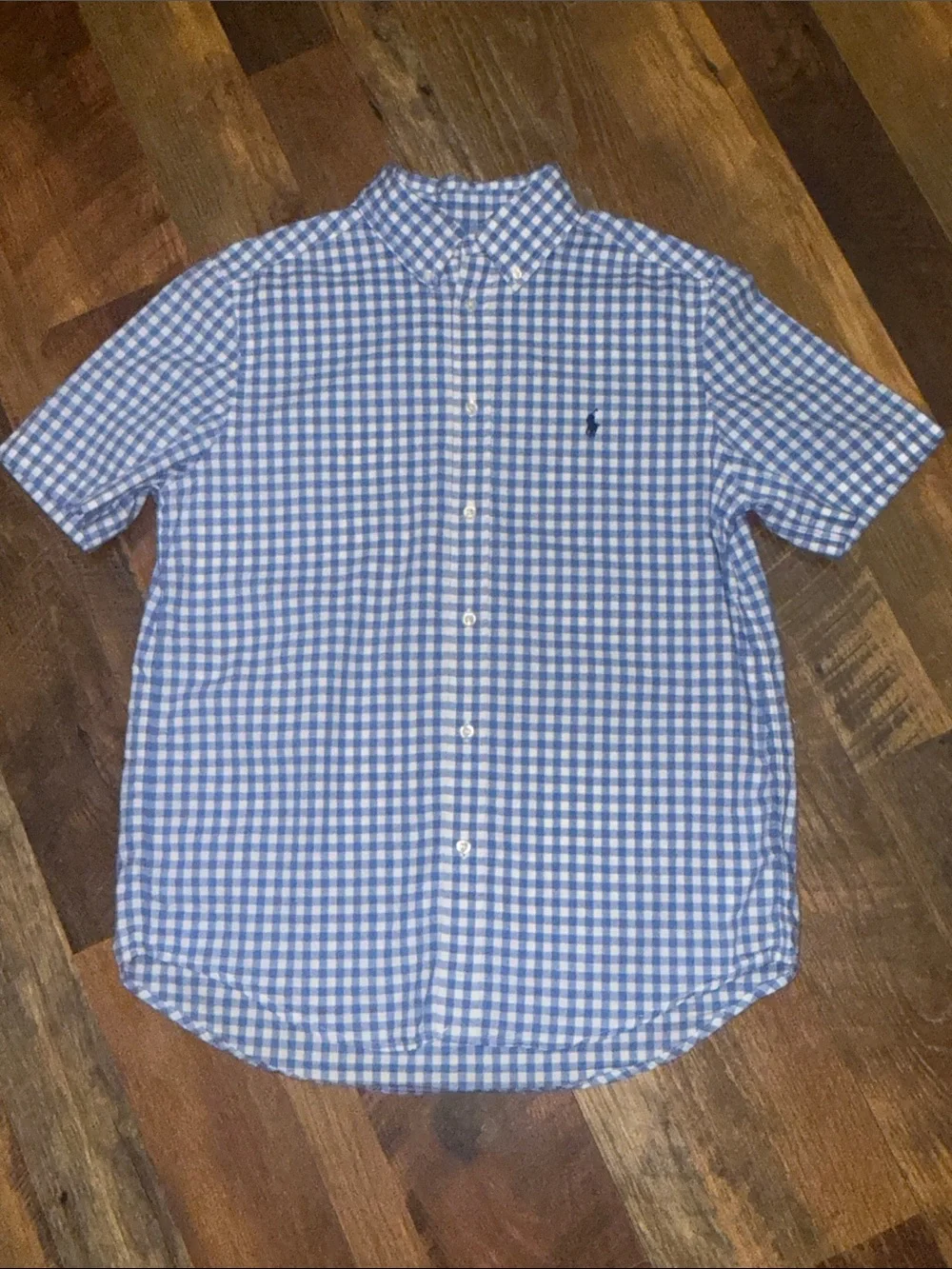 Polo Ralph Lauren Boys XL 18-20 Blue White Gingham Natural Stretch Button Down